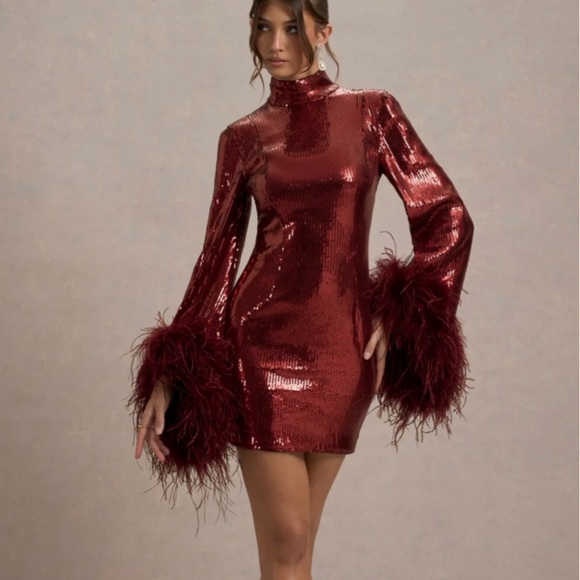 Club London Dresses & Skirts - Club London Burgundy Sequin Mini Dress with High Neck and Feathered Sleeves